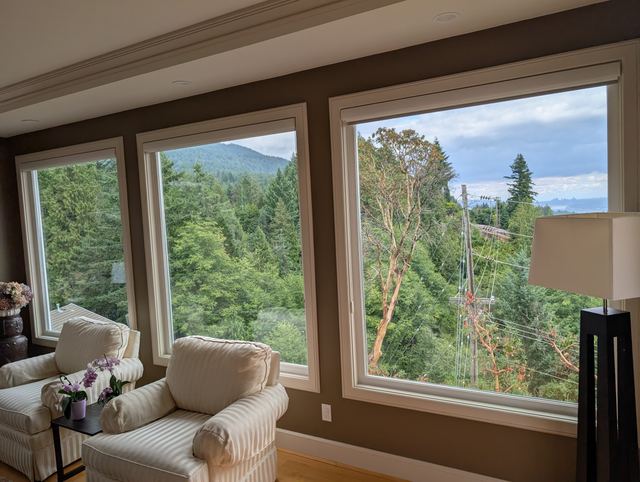 Large wood-trim view windows with new glass